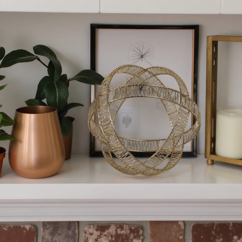 Metal Orb Sculpture with Interwoven Iron Wire Design Decorative Accent