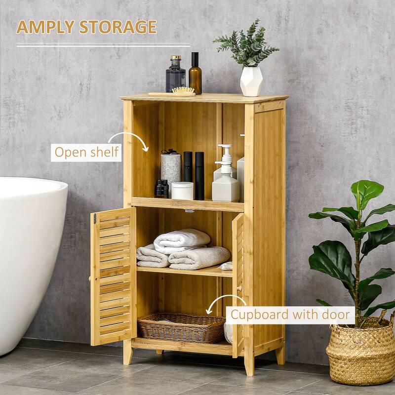 Homcom Bamboo Floor Cabinet Bathroom Floor Cabinet Living Room Organizer Tower With Multiple Shelves And Doors