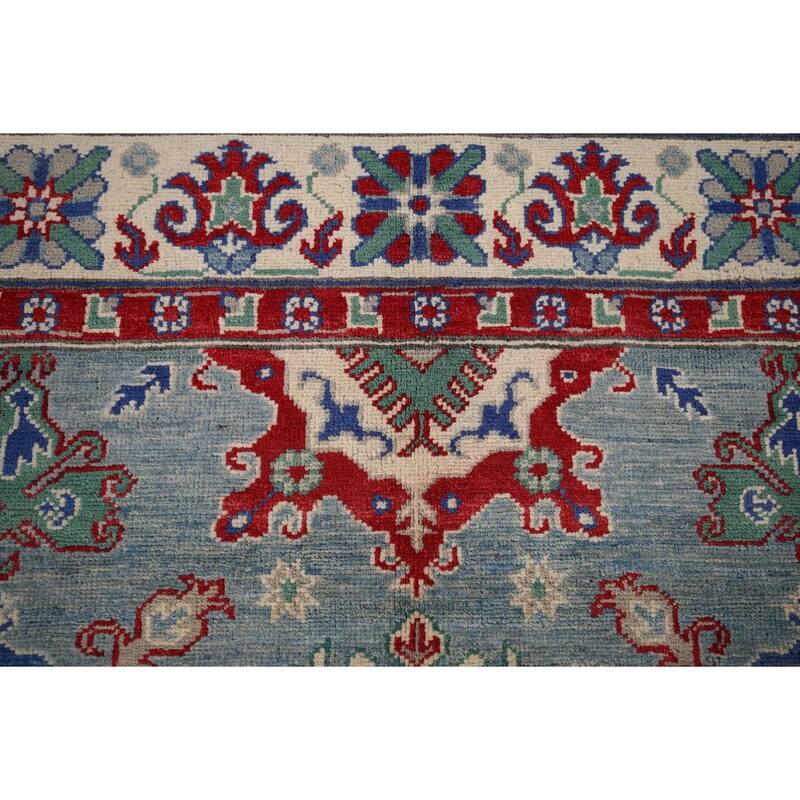 Blue Geometric Kazak Oriental Area Rug Hand-Knotted Wool Carpet - 5'0" x 6'6"