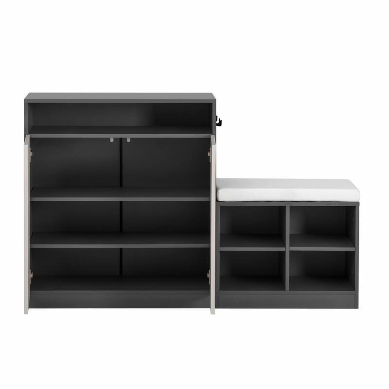 Living Room Cabinet with Shoe Bench, 2 Doors & 3-Tier Adjustable Shelves