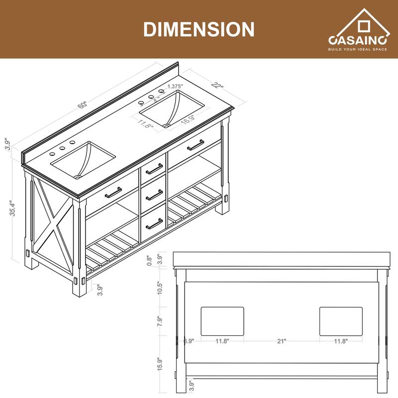 CASAINC 36"48"60" Freestanding Bathroom Vanity in Traditional Brown with Sink and Carrara Marble Top