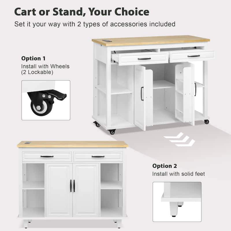 47 Inch Kitchen Island with Extendable Table Rubber Wood Veneer 2 Drawers 2 Cabinets Power Outlet