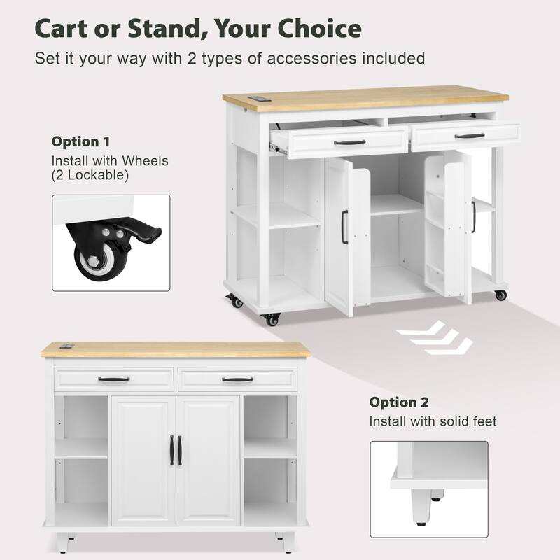 Kitchen Island with 2 Drawers and 2 Cabinet, Extendable Storage Table with Internal Storage Rack, Power Outlet for Living Room