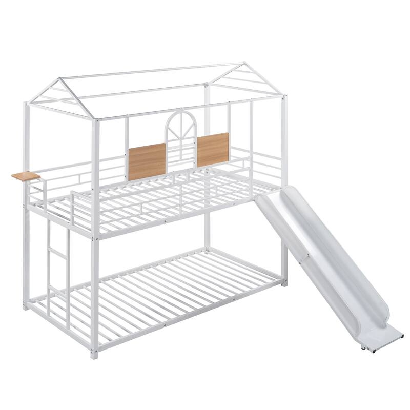 White Twin Over Twin Metal Bunk Bed with Playhouse Design