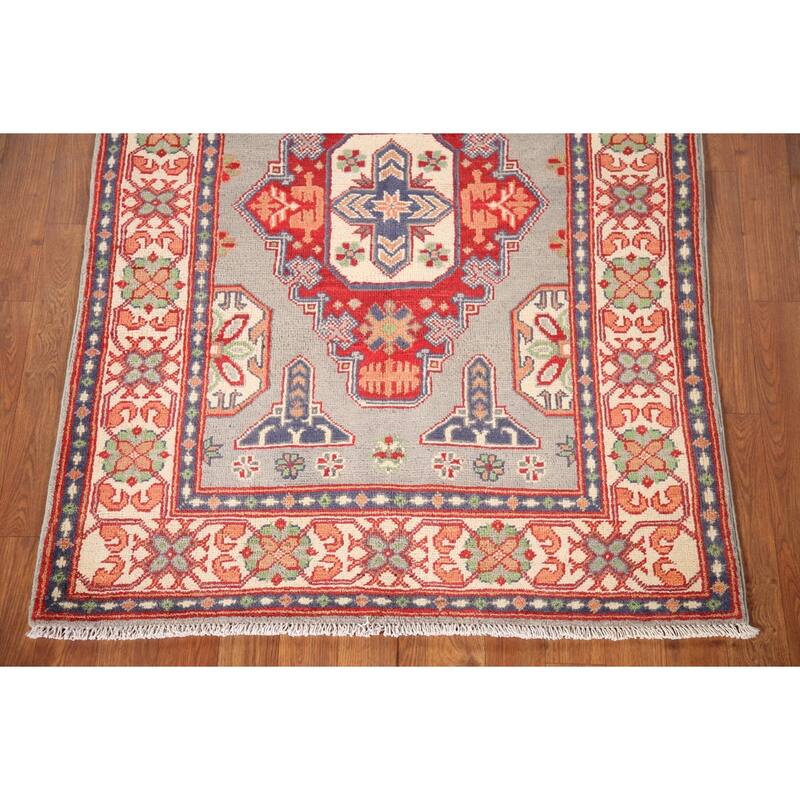 Geometric Kazak Rug Hand-Knotted Grey Wool Carpet - 3'3"x 4'10"