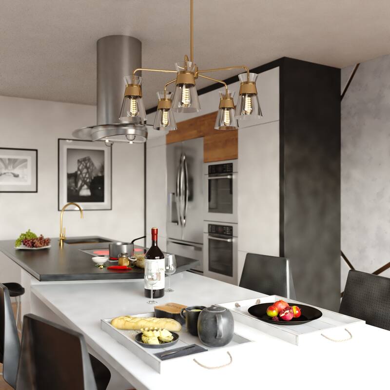 Harper 5-Light 27 in. Wide Natural Brass Gold Mid-Century Modern Chandelier with Clear Glass Cone Shade, Ceiling Fixture