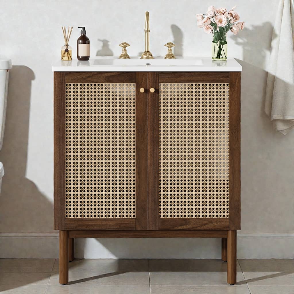 30 Inch Bathroom Vanity with Handwoven Bamboo Doors, Ceramic Sink, Soft Close Freestanding MDF Cabinet