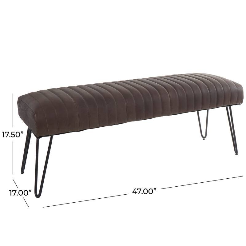 Brown Leather Upholstered Bench with Linear Tufted Panels and Black Metal Hairpin Legs