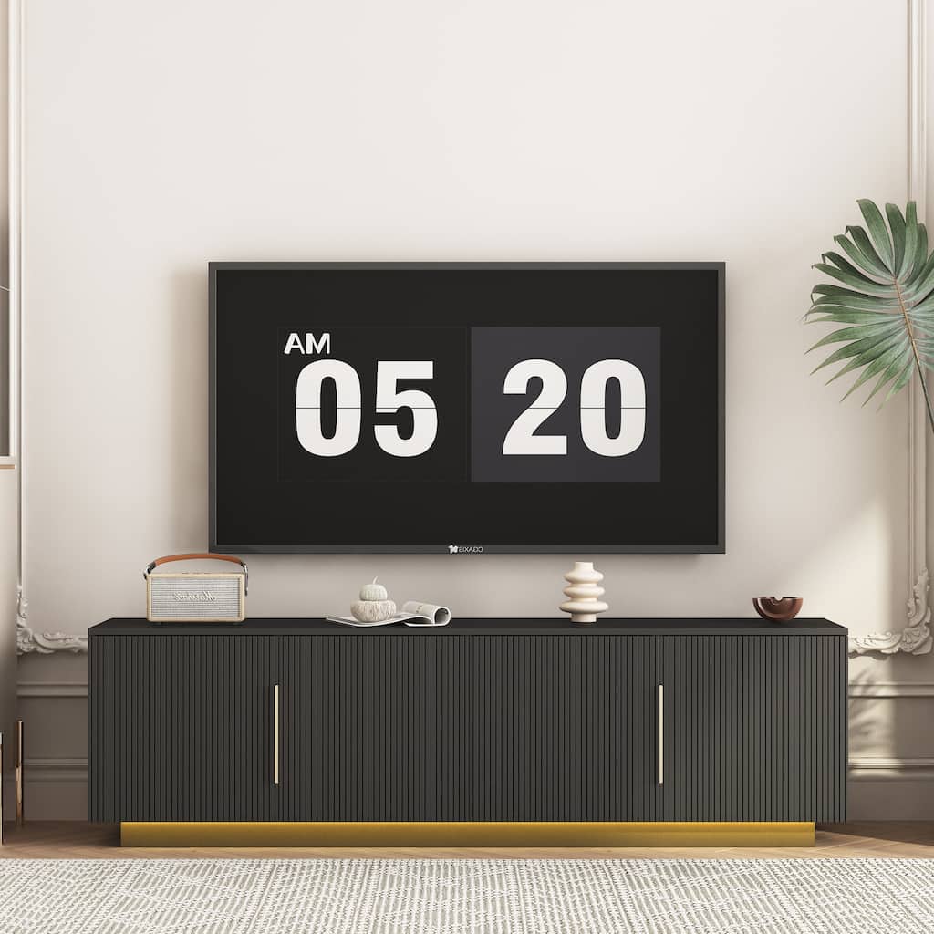 Roomfitters Modern Fluted Buffet Cabinet with 4 Doors, Dining Room Sideboard Storage Credenza, Media Console Table, Black