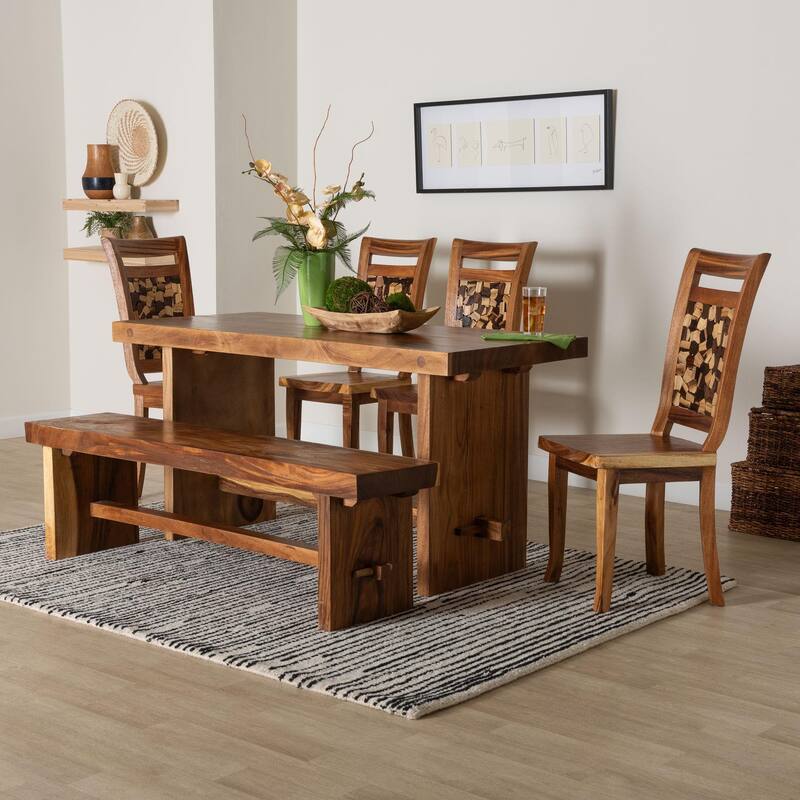 Luan Suar Wood Dining Set - Handcrafted Rectangular Solid Wood Table with Seating, Rustic Modern Kitchen or Dining Room Set
