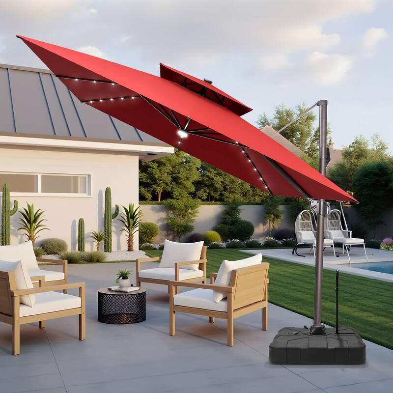 VredHom 11 FT Square Outdoor Patio Cantilever Umbrella Solar LED Lighted with Rod Base