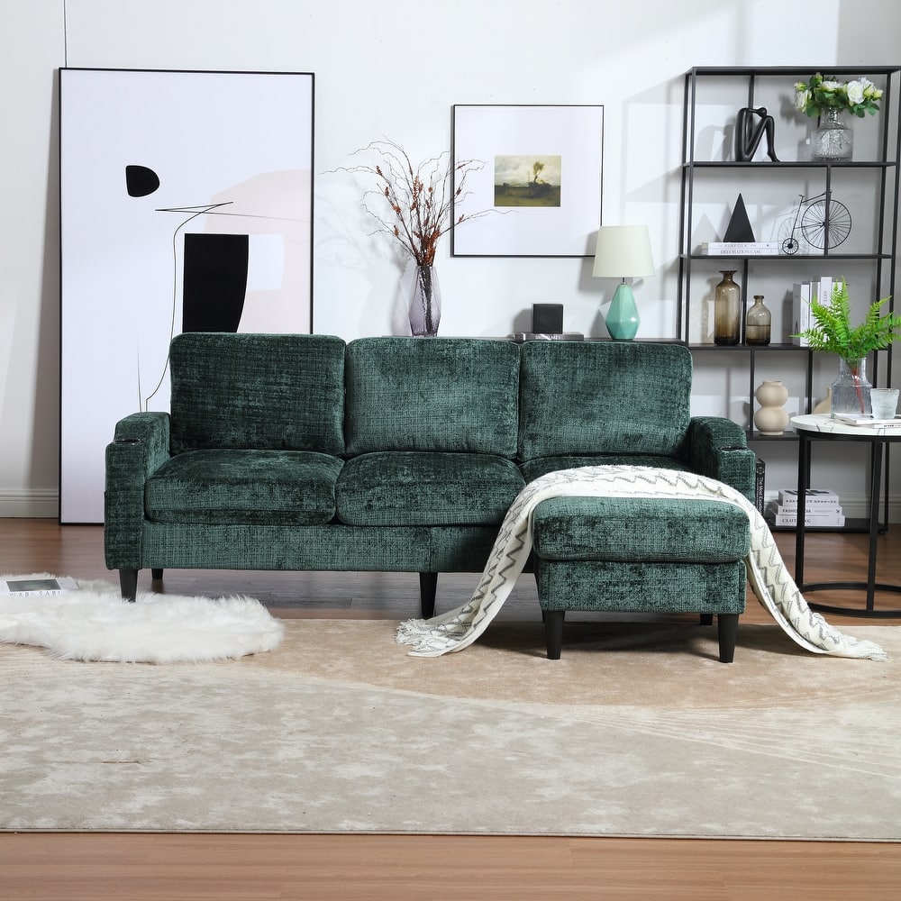 Modular Sectional Sofa with Storage Ottoman, Comfy Chenille Fabric Sofa, 3-Seater Sofa with Side Pockets & 2 Cup Holders