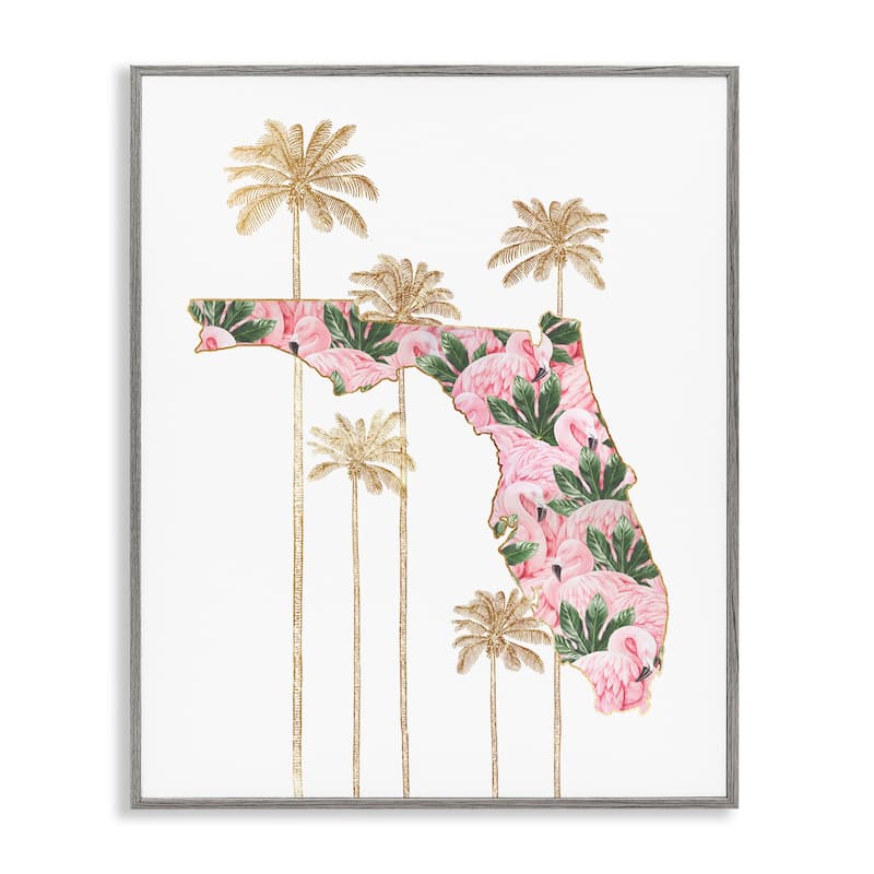 Stupell Flamingo Print Florida State with Palm Trees Framed Wall Art - 11 x 14 - Grey