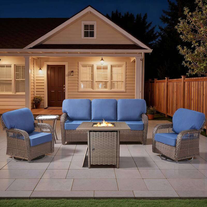 Pocassy Outdoor Fire Table with Sofa Swivel Chair Funiture Set. - Brown Wicker Blue Cushion - 5-Piece Sofa Swivel Chair Table w/ Fie Pit Table