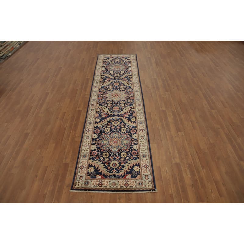 Hand Knotted Oriental 100% Wool Carpet Traditional Floral Navy Blue & Blues Ziegler Runner Rug - 11' 6'' X 3' 0''