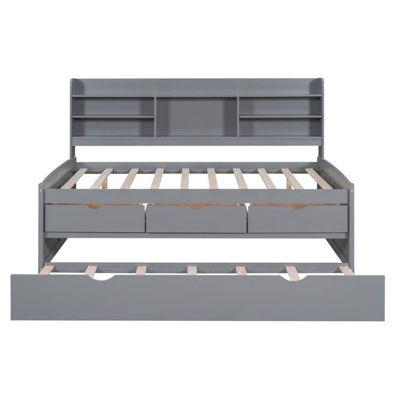 Light Grey Full Size Wooden Captain Bed with Bookshelves, 3 Storage Drawers, and Trundle