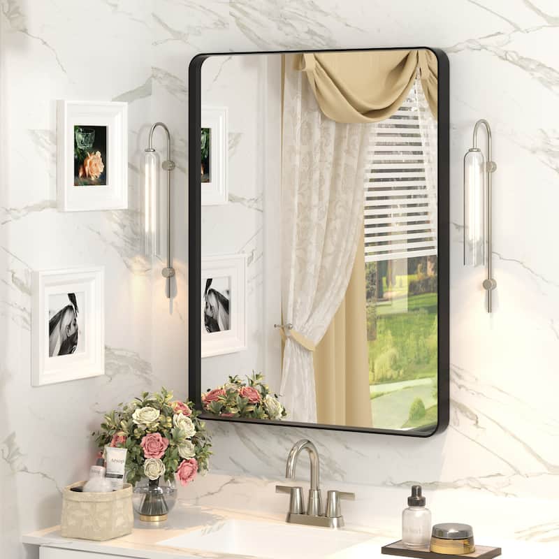 Aluminum Alloy Framed French Cleat Mounted Tempered Glass Wall Vanity Mirror - 32" x 24" - Black