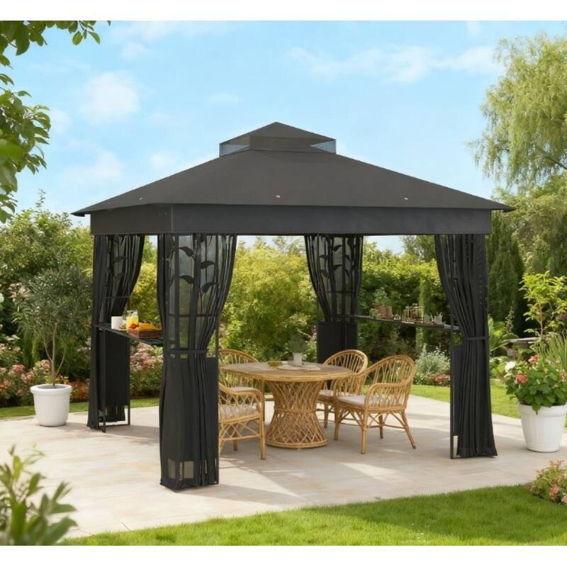 GDFStudio - 9.7'x9.7' Double Roof Patio Gazebo with Bar Shelf & Netting