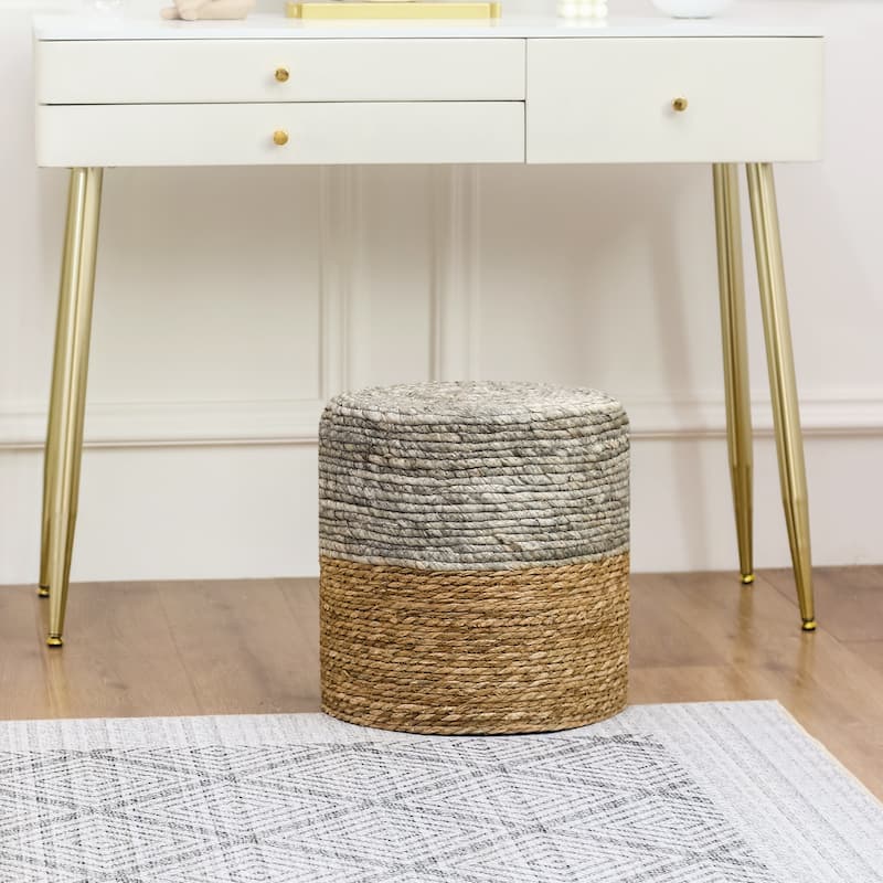 Adeco Round Ottoman Natural Cattail Hand Weave Foot Stool - 14.5" Height - Grey&Natural
