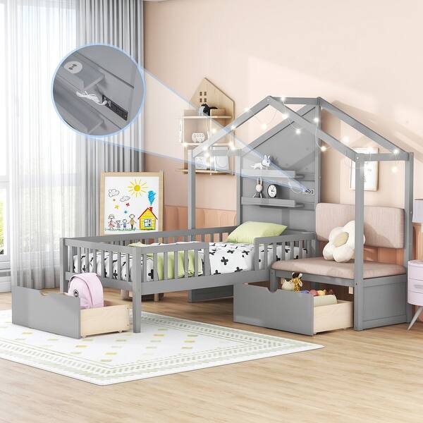 slide 2 of 16, Grey Twin Size House Shape Bed with Upholstered Sofa, Charging Station, Wireless Charging, Shelves and Two Drawers Grey