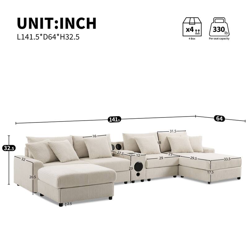 141.5'' Corduroy U-Shaped Sectional Sofa with Bluetooth Speakers and USB Charging Ports