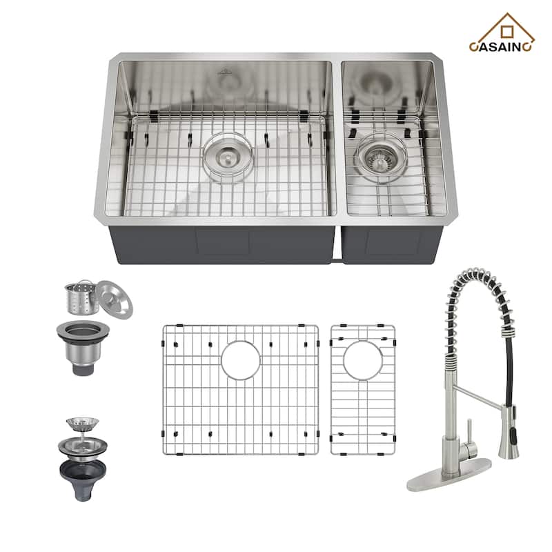 Handmade All-in-One Undermount 60/40 Double Bowl Stainless Steel Kitchen Sink with Faucet, Bottom Grids, and Basket Strainers - Brushed Kitchen Sink+Brushed Nickel Kitchen Faucet