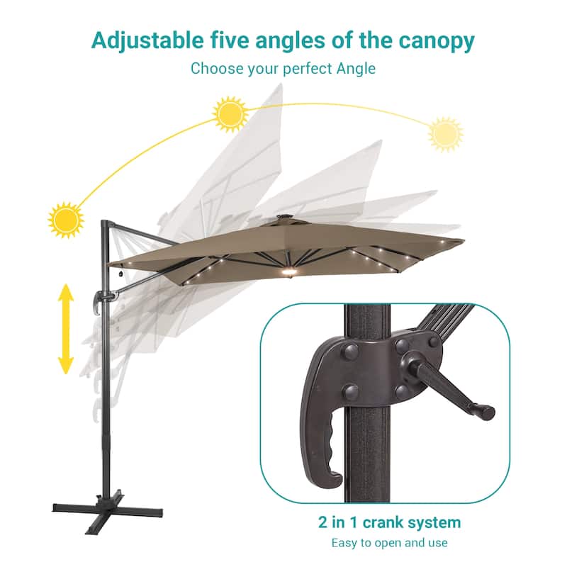 BONOSUKI 10x8FT LED Cantilever Patio Umbrella 360 Rotation and Canopy