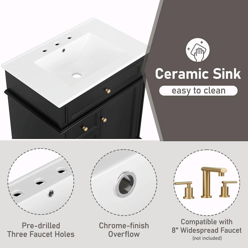 30" Bathroom Vanity with Sink, Tip-Out Drawer, Three Drawers, Door Shelf