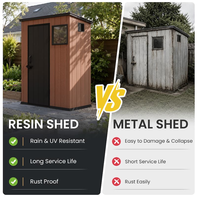 All-Weather Outdoor Storage Shed Waterproof Resin Garden Shed with Floor, Lockable Doors, Skylight for Lawn Tools & Bikes