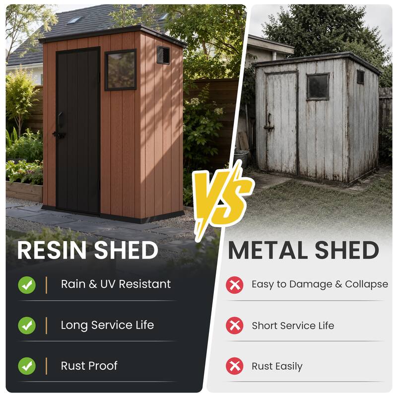 All-Weather Outdoor Storage Shed Waterproof Resin Garden Shed with Floor, Lockable Doors, Skylight for Lawn Tools & Bikes