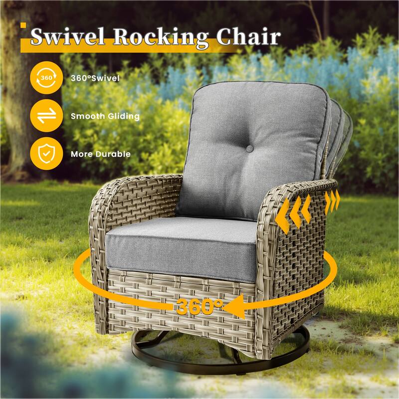 HOOOWOOO 8-piece Patio Wicker Rattan Swivel Rocking Chair Set with Solar-powered Table
