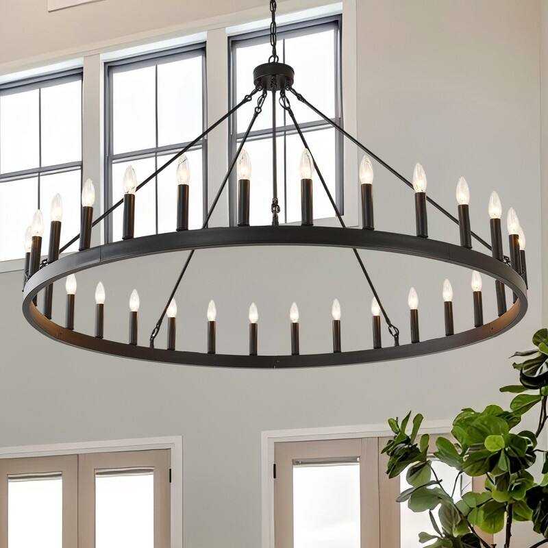 53" Large Wagon Wheel Chandelier Black Farmhouse Pendant Light Fixtures - 53in-30 Lights