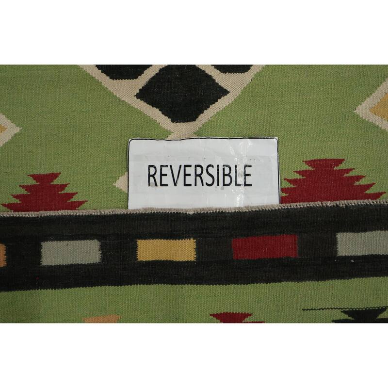 Hand Woven Oriental 100% Wool Carpet Southwestern Tribal Green Kilim Area Rug - 13' 4'' X 8' 5''