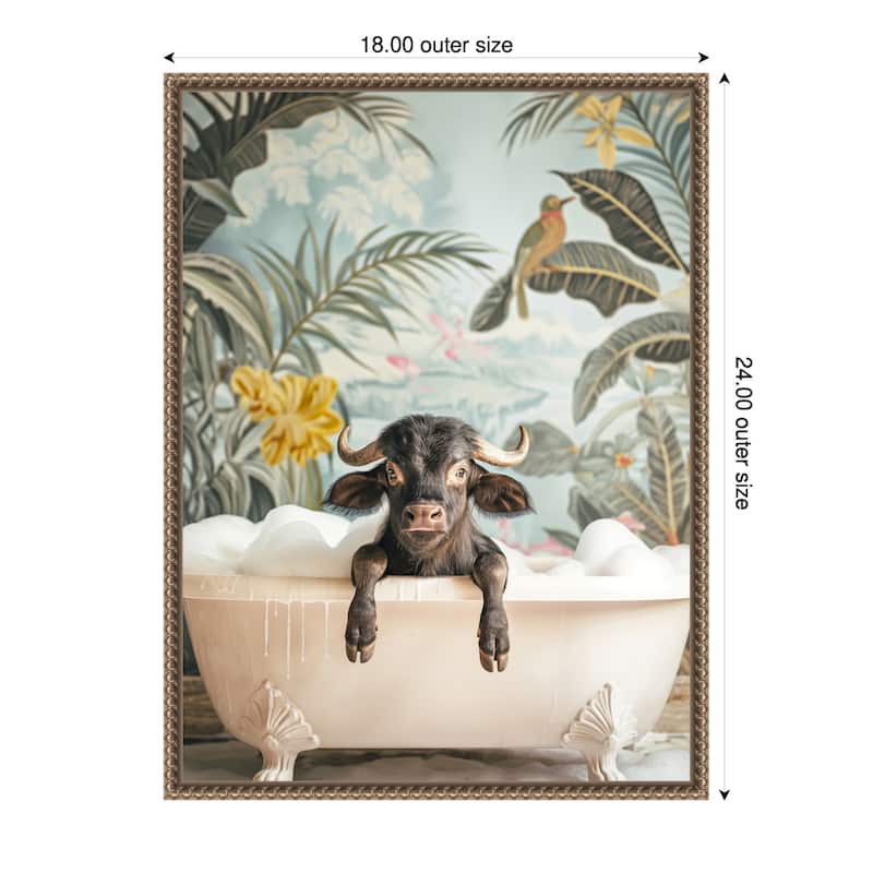 Tropical Buffalo Bath by Niky Rahner Framed Canvas Wall Art - 18 x 24 in