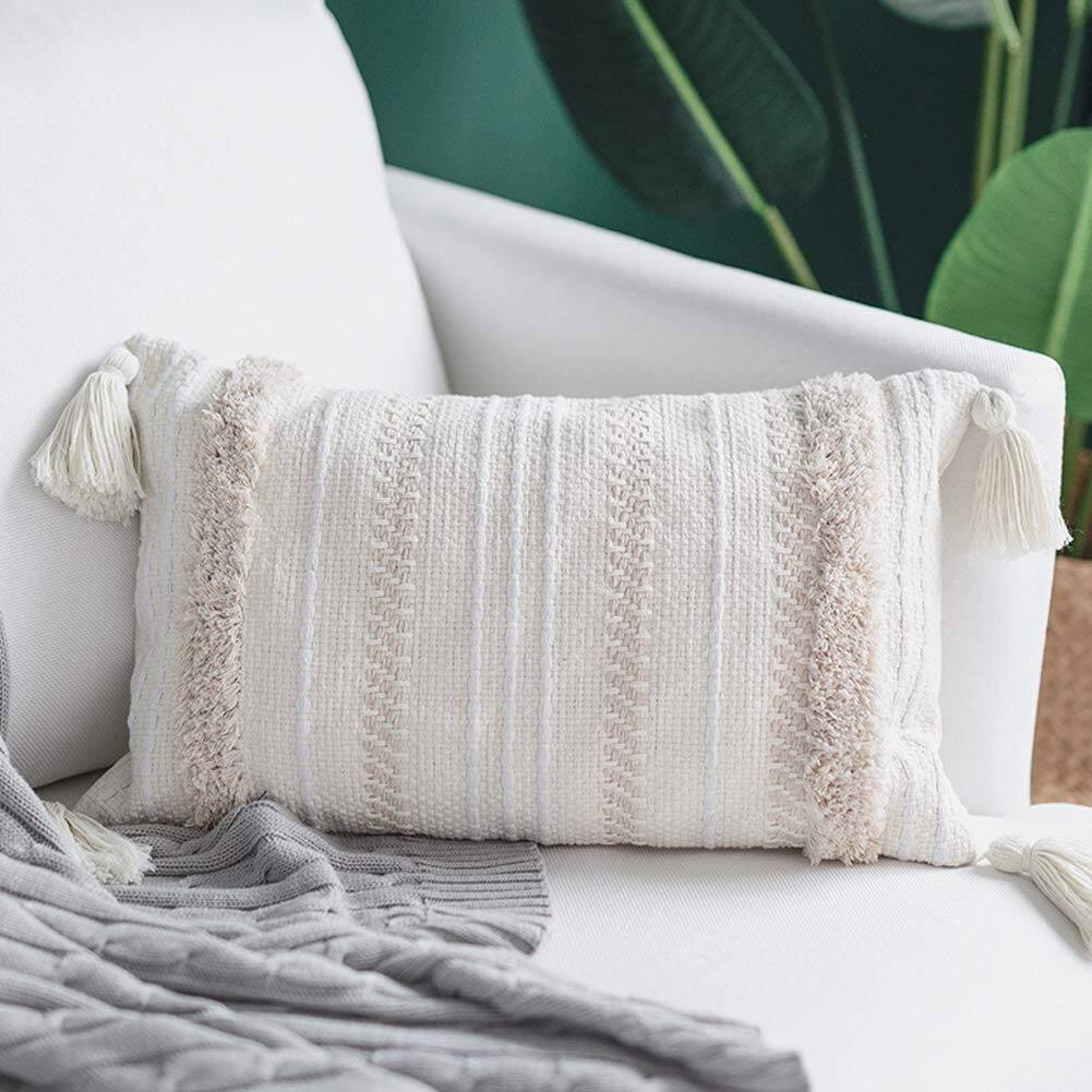 Rectangle Pillows Cover with Tassels (12X20 inch, Cream)