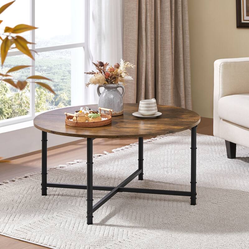 Yaheetech 35.5in Industrial Rustic Metal Round Coffee Table Sofa Table Rustic Brown - Rustic Brown - MDF