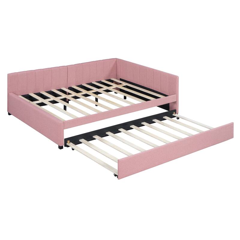 Upholstered Daybed with Trundle Sofa Bed Frame No Box Spring Needed, Linen Fabric
