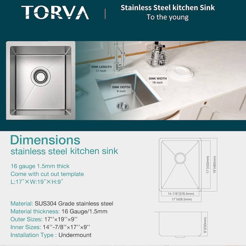 17 x 19 x 9 KITCHEN Sink, 16 Gauge Stainless Steel Single Bowl Undermount Bar Sink