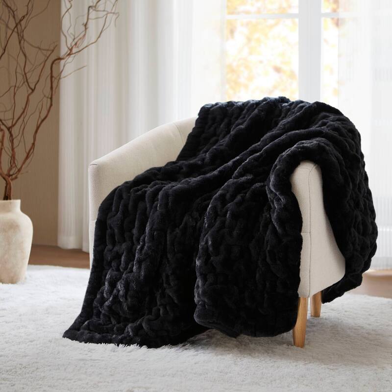 Madison Park Ruched Fur Throw - Black