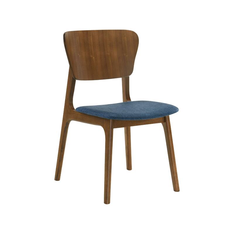 Kalie 24 Inch Dining Chair Set of 2, Padded Seat, Blue Fabric, Walnut Brown
