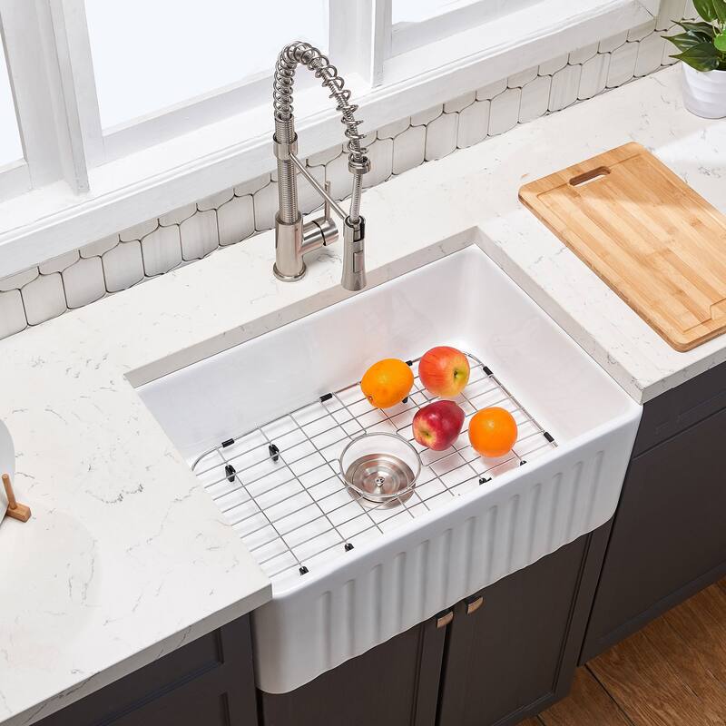 White Fireclay Farmhouse Apron Kitchen Sink with Grid and Strainer - 33" x 20"