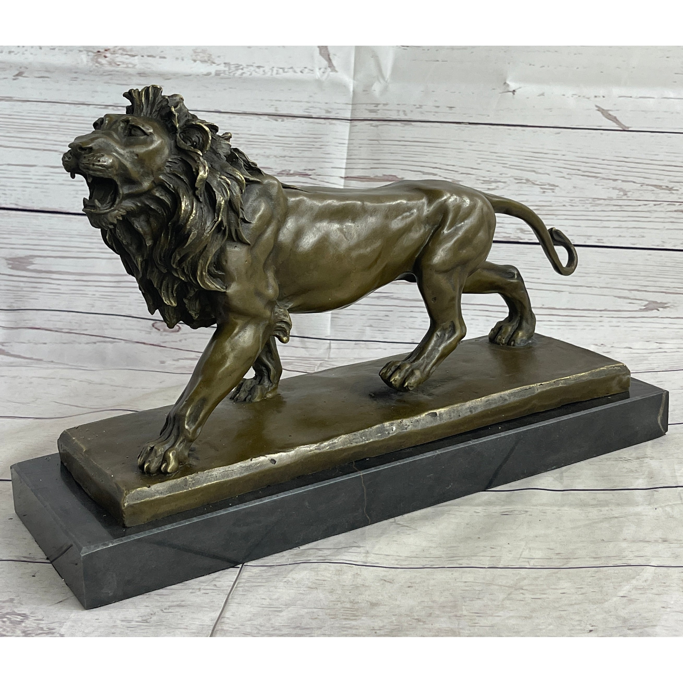 African Imitative Lion Bronze Sculpture Statue By Milo Figurine Marble Base Figure Decor
