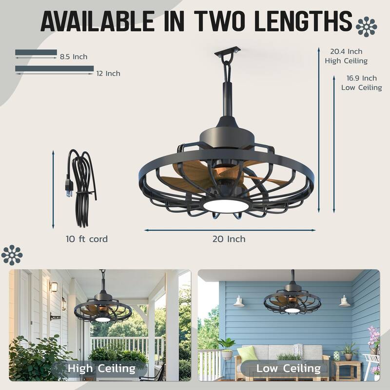 20" Outdoor Ceiling Fan with Light, 6-Speed Reversible Motor, Waterproof Caged Fan for Patio, Gazebo, Kitchen.