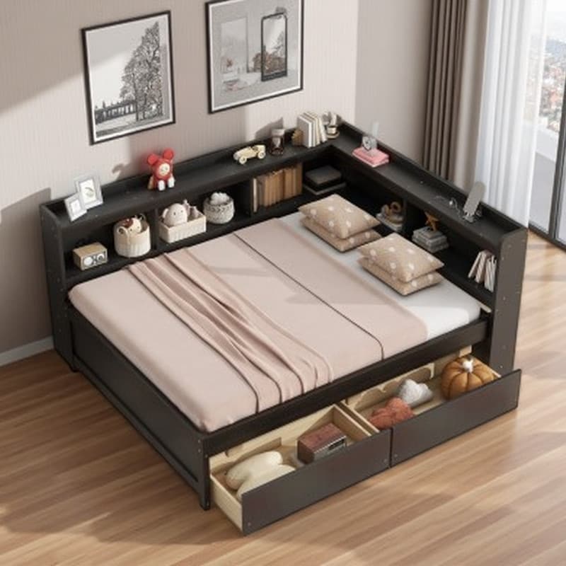 Full Size Bed Frame with L-Shaped Bookcase Headboard, USB Ports, Power Outlets, 2 Storage Drawers, Espresso Finish