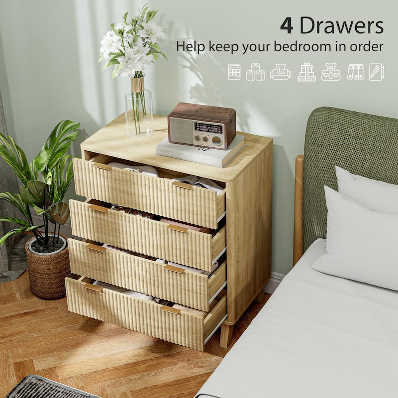 HOMCOM Fluted Dresser for Bedroom with 4 Drawers, 28" Wide Chest of Drawers with Gold Finger Pulls and 4 Wood Legs, Natural Wood