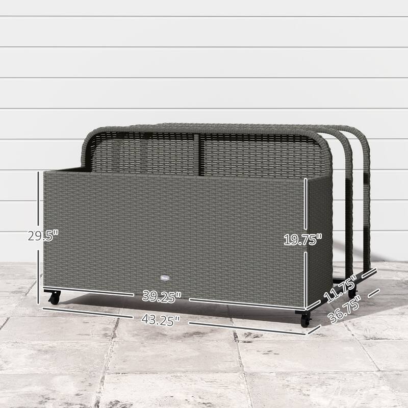 Outdoor Pool PE Rattan Float Storage Organizer with Three Sections and Wheels Steel Frame - 43.25" L x 36.8" W x 29.5" H