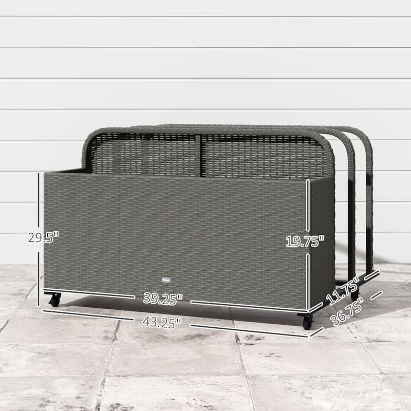 Wicker Pool Float Storage Organizer, PE Rattan Outdoor Pool Float Holder with Rolling Wheels & Storage Rack, Mixed Gray