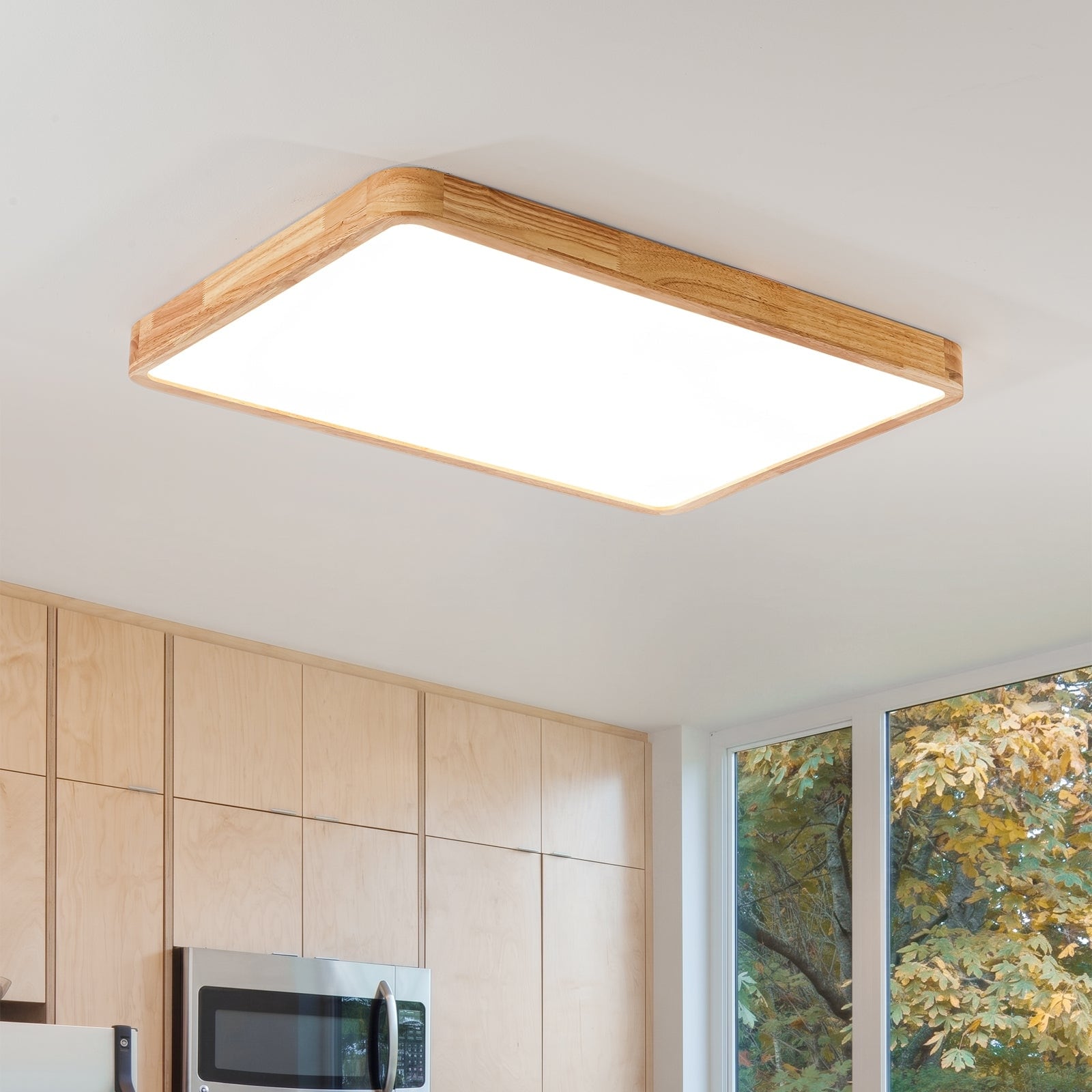 Rustic Rectangular Wooden Dimmable LED Flush Mount Light 34.6 in