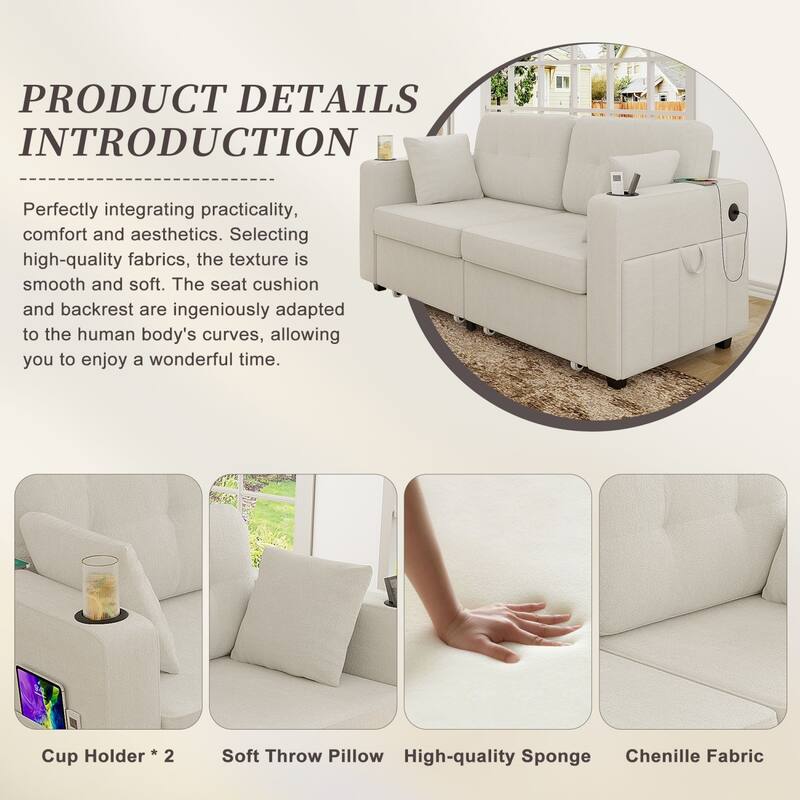 67.76" Chenille 3-Seater Sofa with USB Ports and Storage