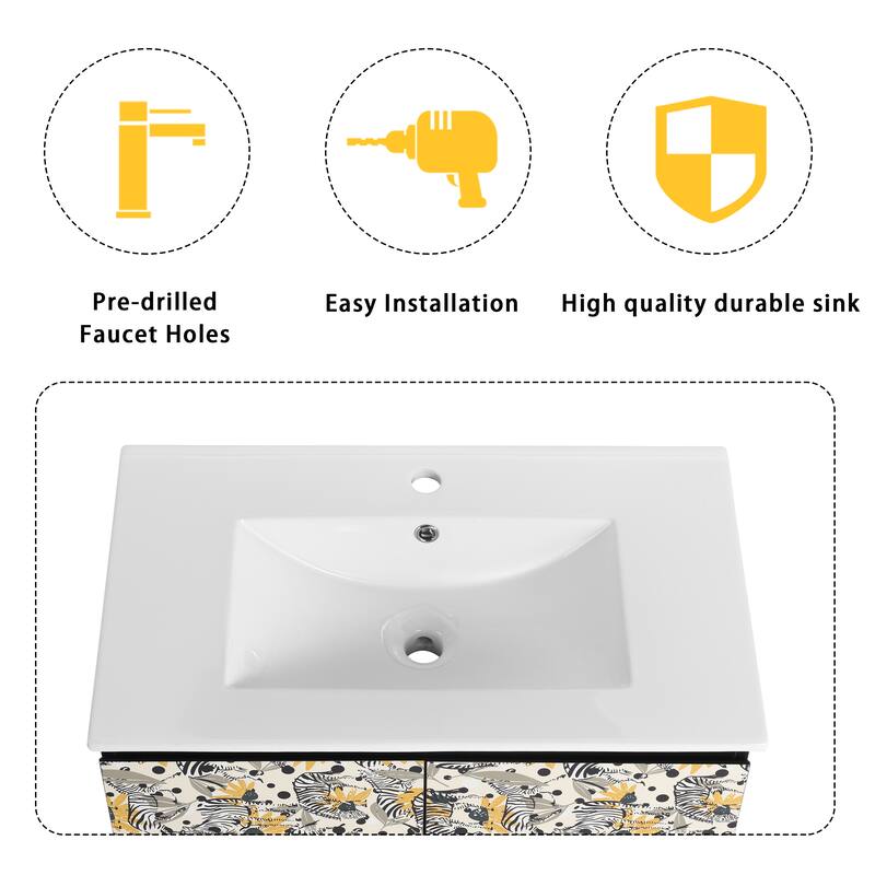 30" Floating Wall-Mounted Bathroom Vanity with Soft-Close Door Hinges, Ceramic Sink & Ample Storage